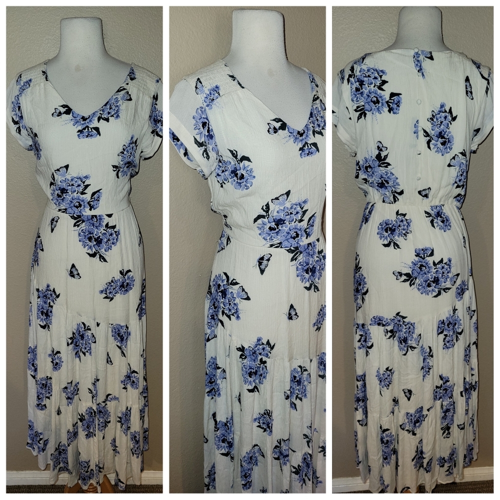 L.O.V. Cream and Blue Floral maxi flowy soft Dress size S-sheer, silky lined